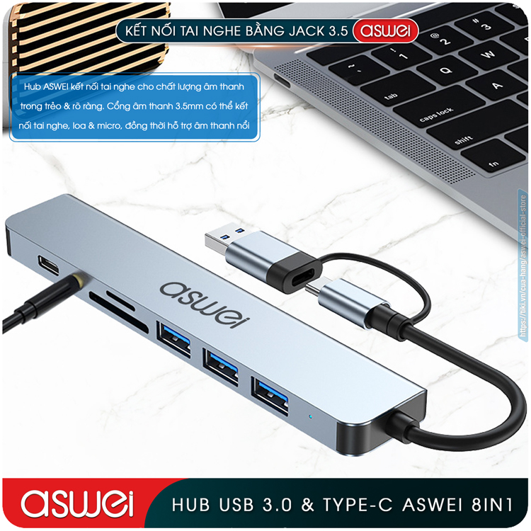 Hub Type C Và Hub USB ASWEI 8 in 1 To USB 3.0, SD, TF, USB C, Audio 3.5mm - Cổng Chia USB, Ổ Chia USB Tốc Độ Cao - Hub Chuyển Đổi USB Type C 8 Cổng Dành Cho Macbook, Laptop, PC, Máy Tính Bảng, Điện Thoại - Hàng Chính Hãng