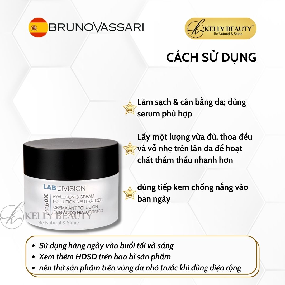 Kem Dưỡng Ẩm Bruno Vassari HA50X Hyaluronic Cream Pollution Neutralizer - Chống Ô Nhiễm, Căng Mịn Làn Da | Kelly Beauty