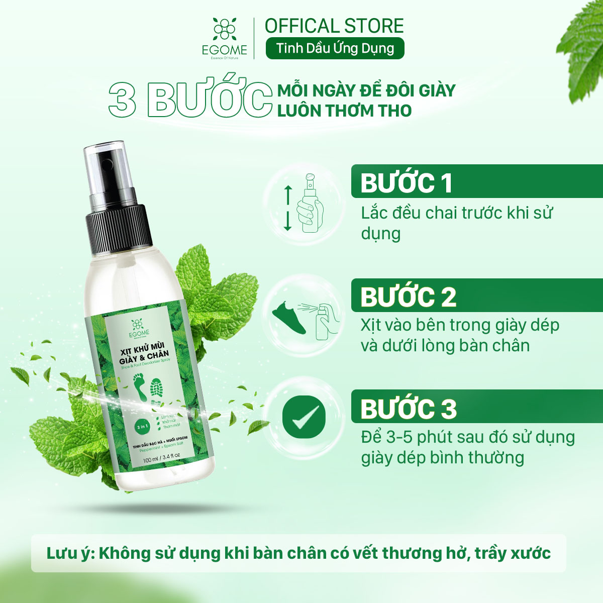 Xịt Khử Mùi Giày Và Chân Egome Tinh Dầu Bạc Hà làm sạch và thơm mát 100ml