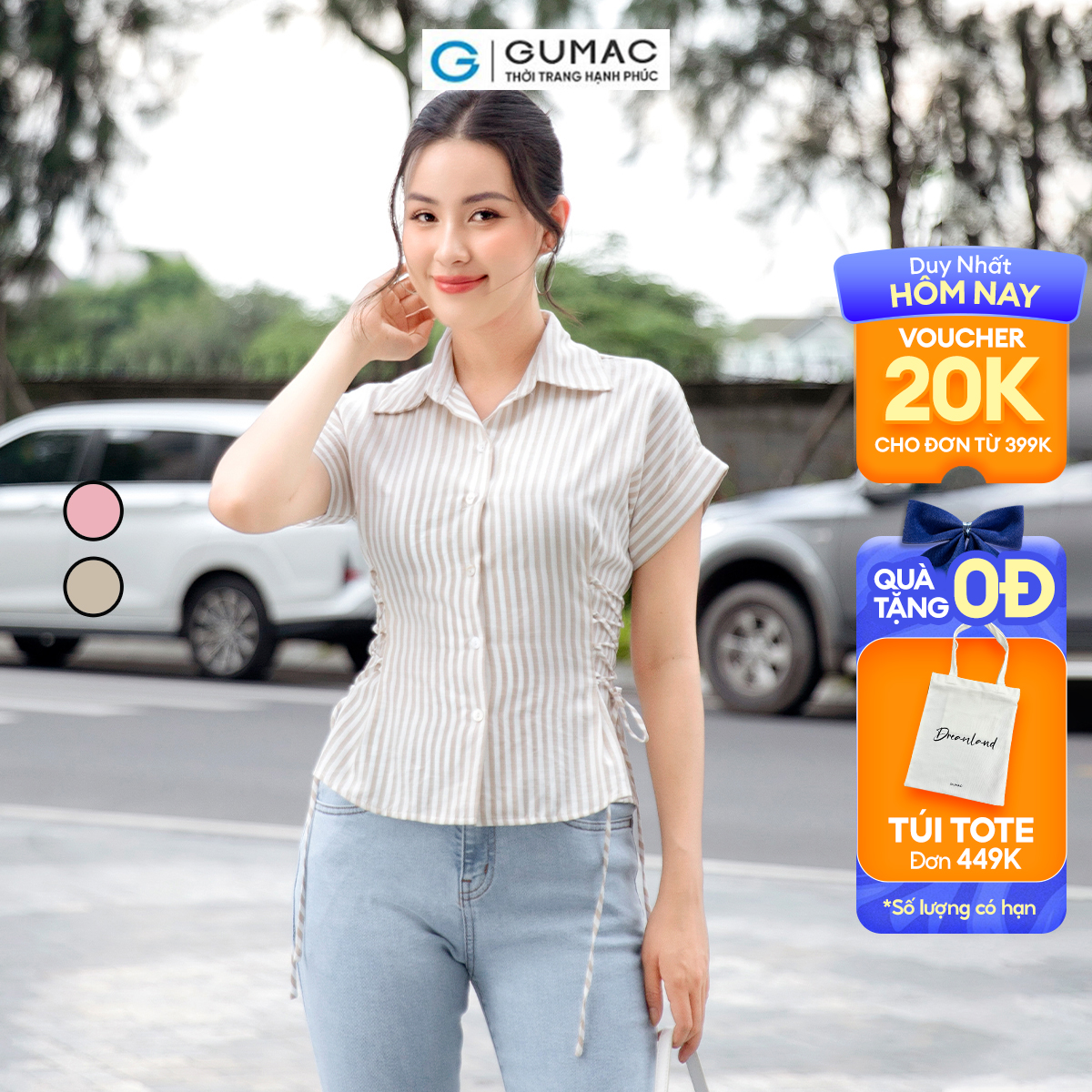 Áo kiểu dây thắt eo vải cotton mềm mát công sở đi tiệc sang trọng thời trang GUMAC AD09001