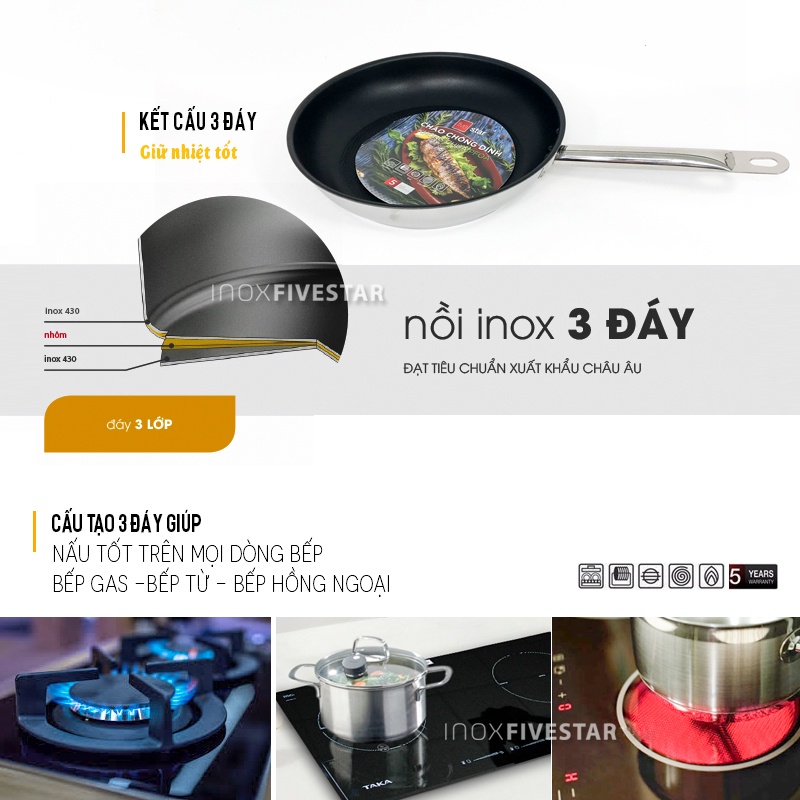 Chảo inox chống dính 3 đáy Fivestar CKD30-3DI - Hàng chính hãng