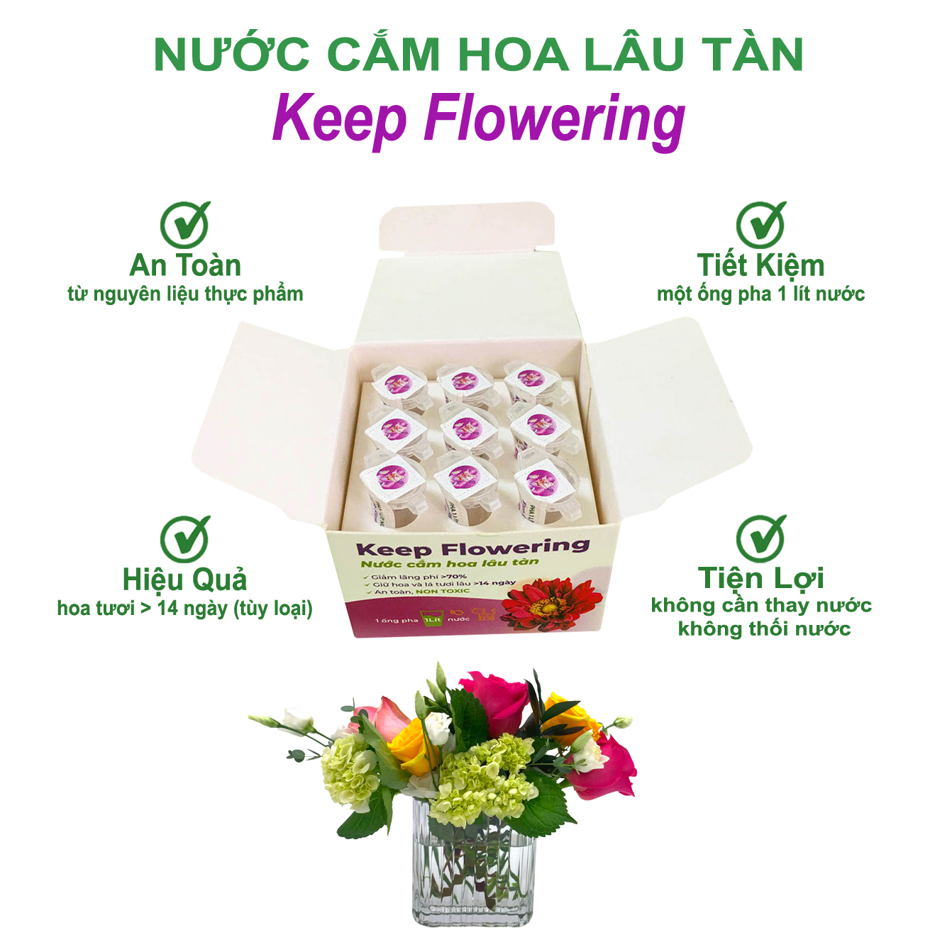 Nước cắm hoa lâu tàn Keep Flowering - An toàn tuyệt đối - 1 Ống pha 1L