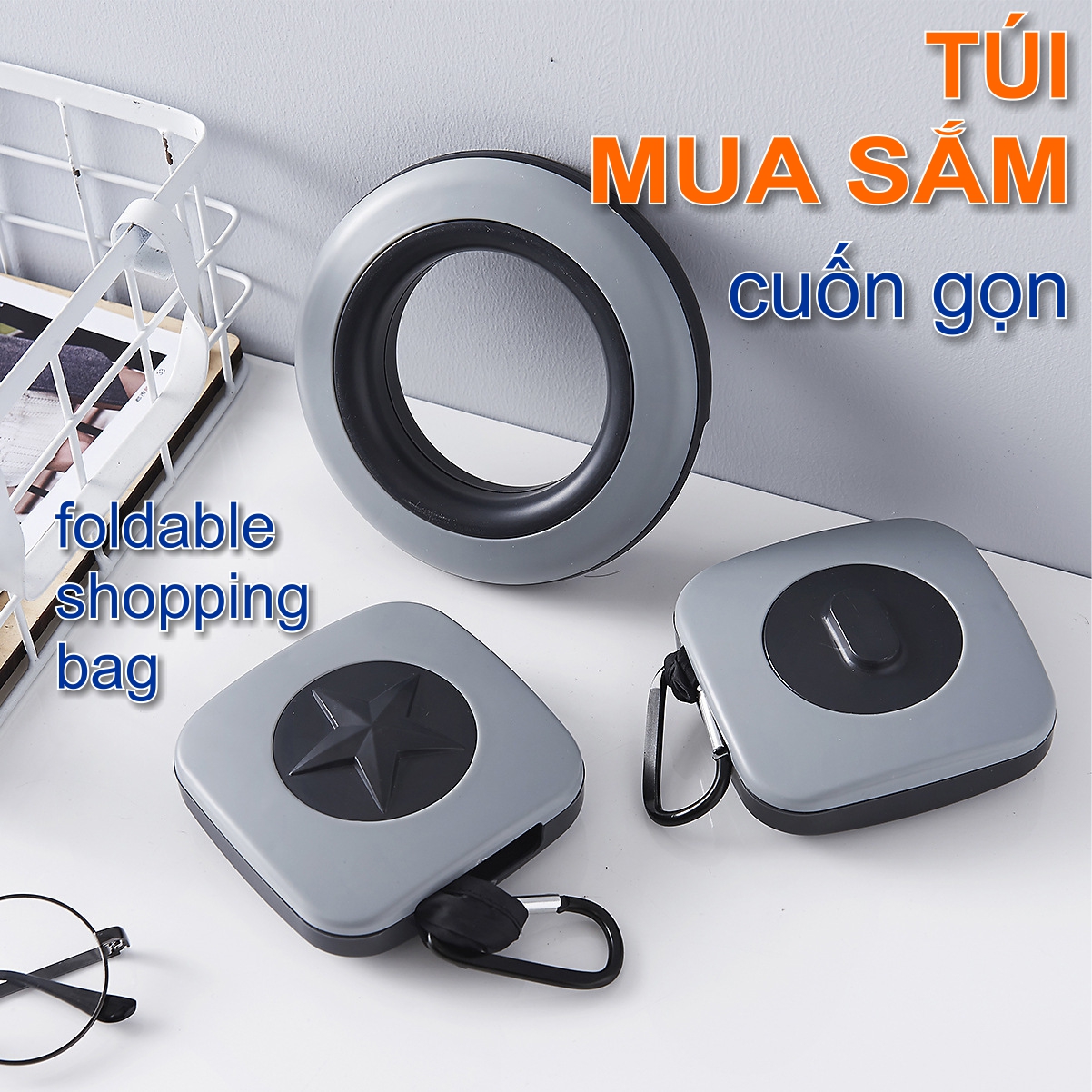 Túi mua sắm, đi siêu thị cuốn gọn có móc treo tiện dụng, hộp đựng thời trang