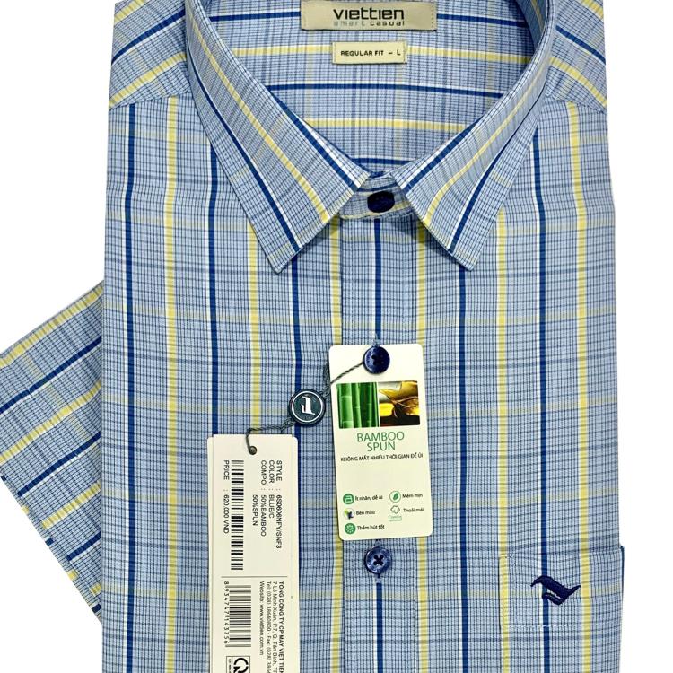 Viettien - Áo sơ mi nam ngắn tay xẻ tà vạt ngang Bamboo spun regular và regular fit Ca rô 6S0606-6S0607 - Regular