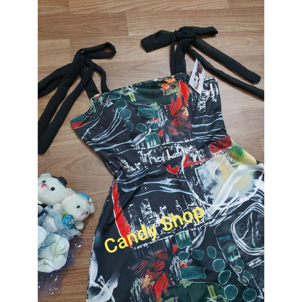 Đầm xòe họa tiết 2 dây cột nơ siêu hot kèm mút + Ảnh thật