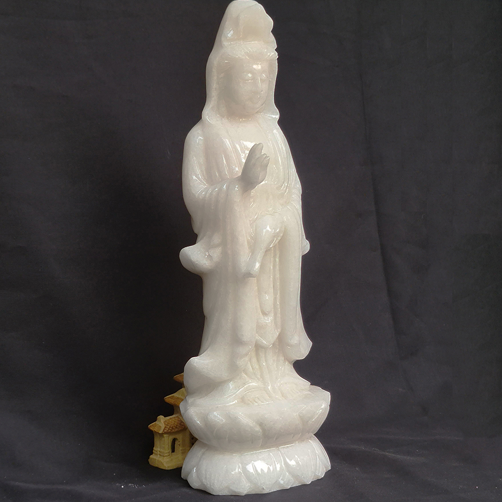 Tượng Phật Quan Âm Cầm Tịnh Bình Đá Trắng - 30 Cm - Mx