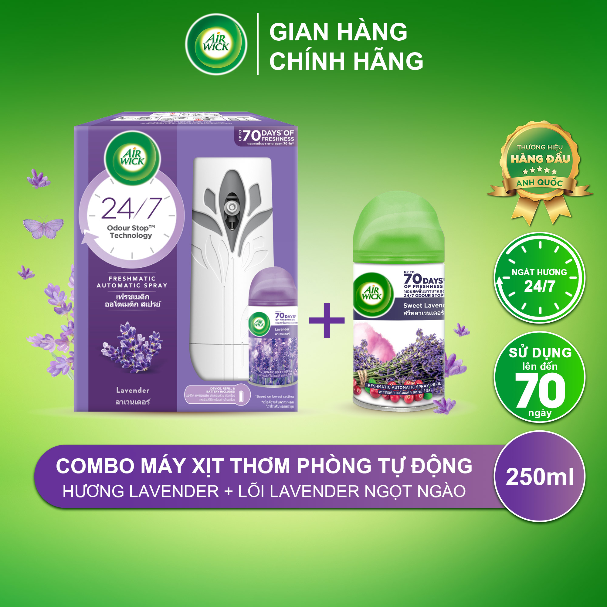 Bộ máy xịt thơm phòng tự động AIRWICK hương Lavender và Lõi Sweet Lavender, tinh dầu thiên nhiên, khử mùi hiệu quả 24/7