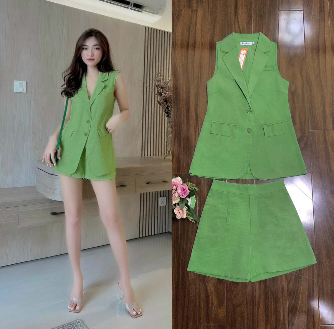 Sét nguyên bộ quần short áo cổ vest form dài 2 nắp túi xinh xắn