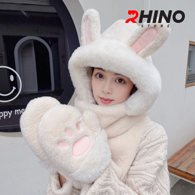Mũ lông, mũ len kèm khăn quàng Rhino WS101 ấm áp, dễ thương hàng chính hãng