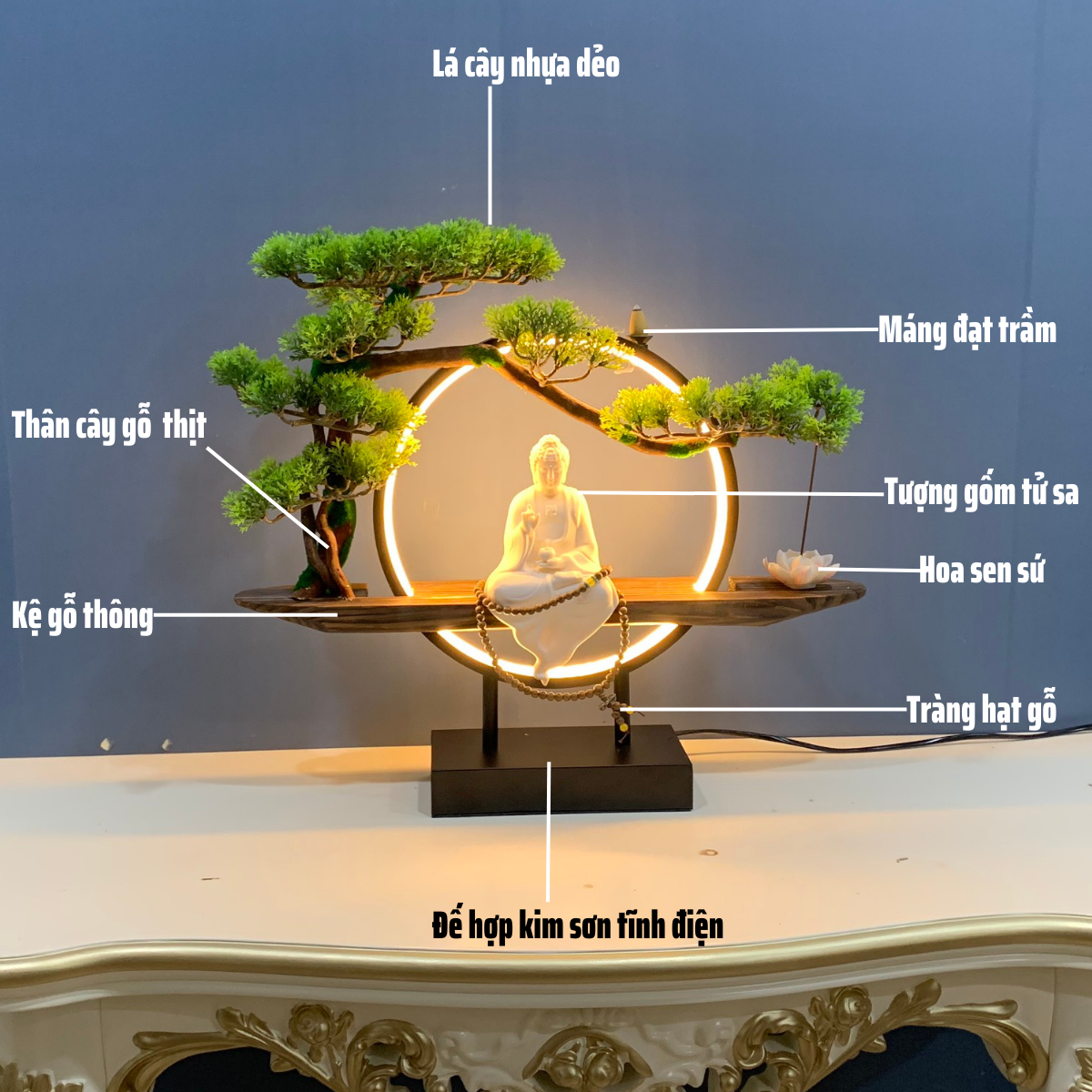 Bộ tượng Phật tổ Như Lai có vòng đèn led sáng đẹp T28