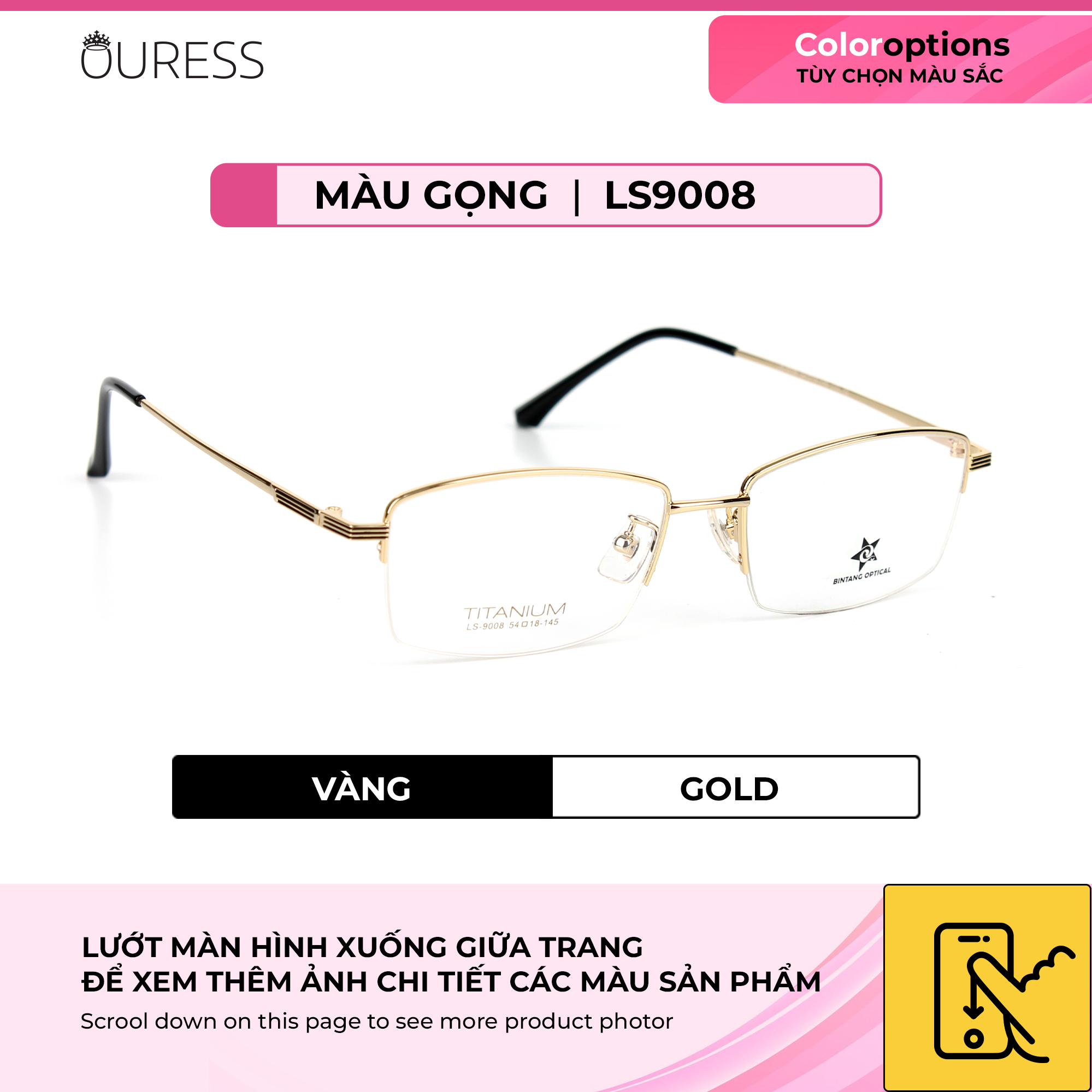 Gọng kính titanium LS9008 nửa khung thời trang nam cao cấp siêu nhẹ siêu bền OURESS