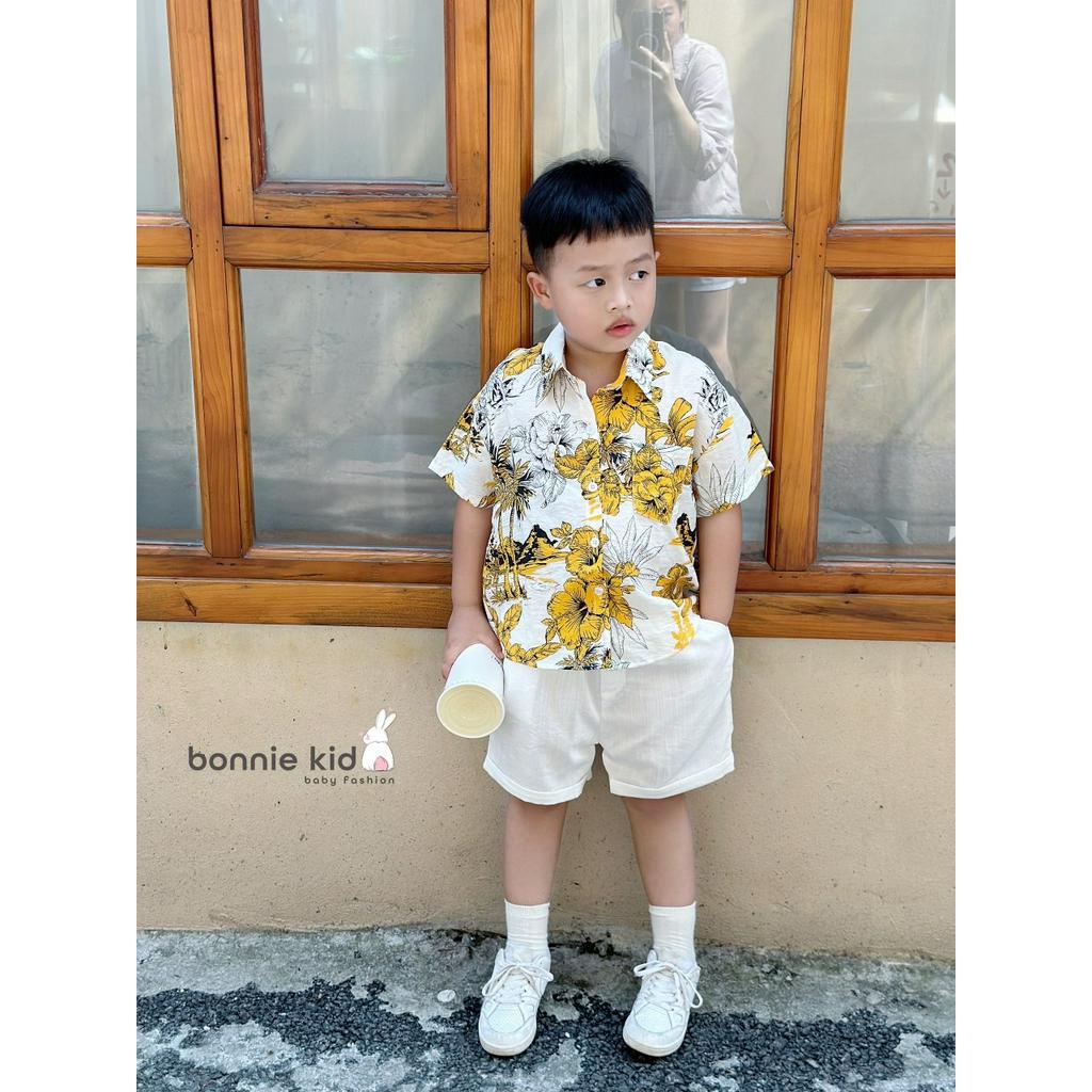 Đồ bộ bé trai, bộ sơ mi cho bé trai họa tiết hawai hoa lá du lịch đẹp size 10-30kg chất đũi xịn sò mềm mát
