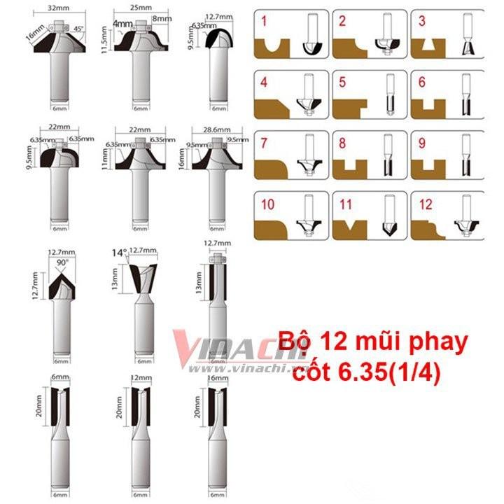 BỘ 12 MŨI SOI GỖ CỐT 6.35mm - B12MS