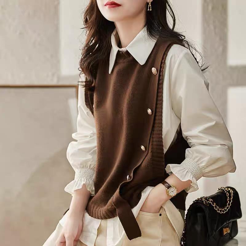 MS837 Áo gile len nữ cúc sườn cổ tròn Hàn Quốc