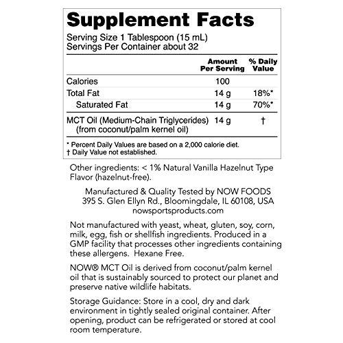 NOW Sports Nutrition, MCT (Medium-Chain triglycerides) Oil, Vanilla Hazelnut, 16-Ounce