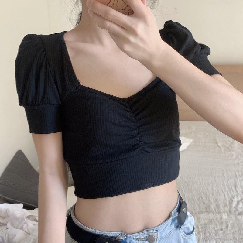 Áo Croptop Nữ Tay Ngắn Ôm Body SANMAY Áo Thun Croptop Tay Phồng Cổ Vuông Đẹp, Kiểu Ulzzang Sexy 5 Màu Đen Trắng AO012