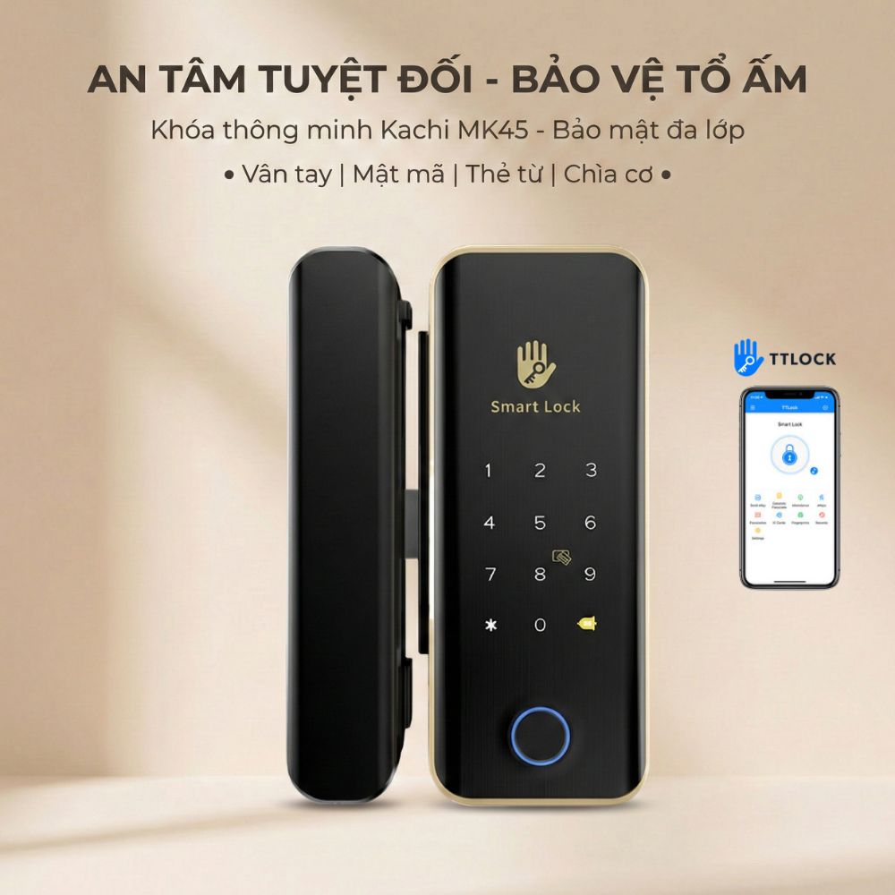 Khóa Cửa Thông Minh Kachi MK45 cho cửa không có khung như cửa kính, cửa gỗ trượt – Mở Khóa App TTlock + Vân tay + Chìa khóa + Thẻ từ + Mã số - hàng chính hãng