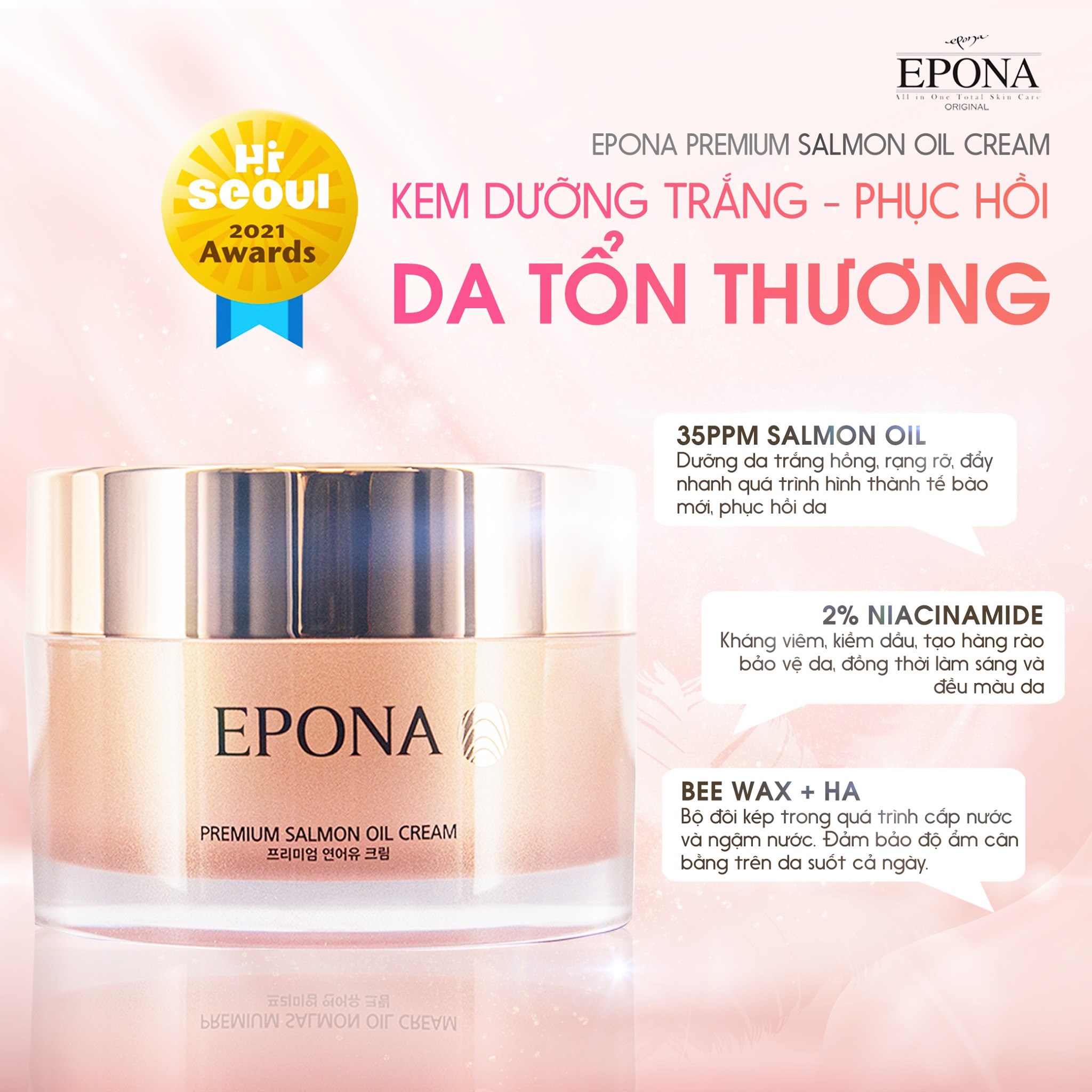 Kem Dưỡng Trắng - Phục Hồi Da Hư Tổn Chiết Xuất Dầu Cá Hồi Epona Premium Salmon Cream 50ml