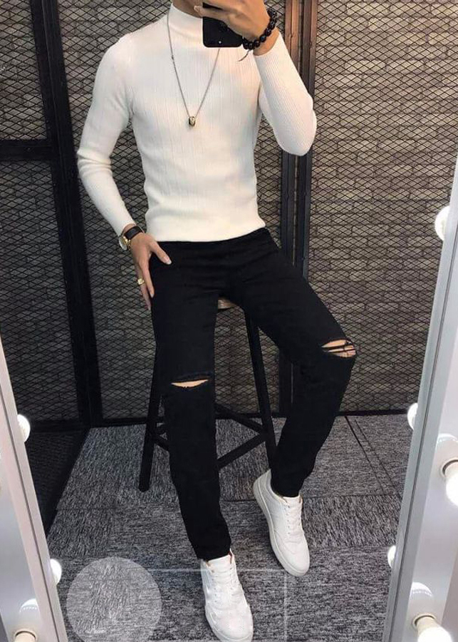 Quần Jean Nam Rách Gối Màu Đen Trơn