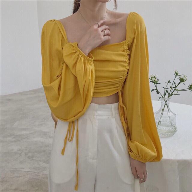 ÁO NỮ CROPTOP LỤA RÚT DÂY TRƯỚC NGỰC TAY DÀI (DƯỚI 50KG MẶC VỪA)