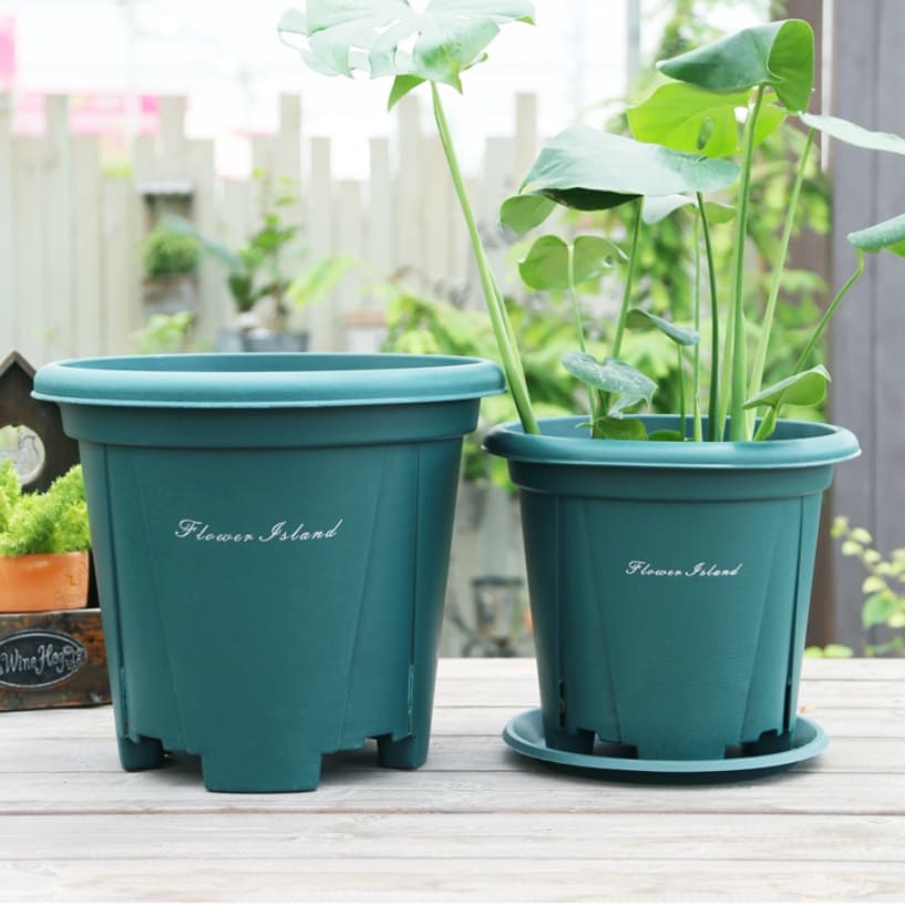 Combo chậu nhựa cao cấp Flower Island + Đế lót chậu bánh lăn có khay hứng nước thông minh