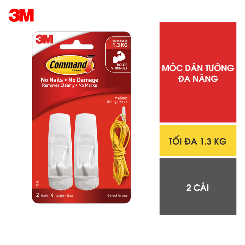 Móc dán tường Command 3M vỉ 2 cái cỡ vừa chịu lực 1.3kg - Dễ sử dụng, độ bền cao, bám cực chắc, tháo cực dễ 17001