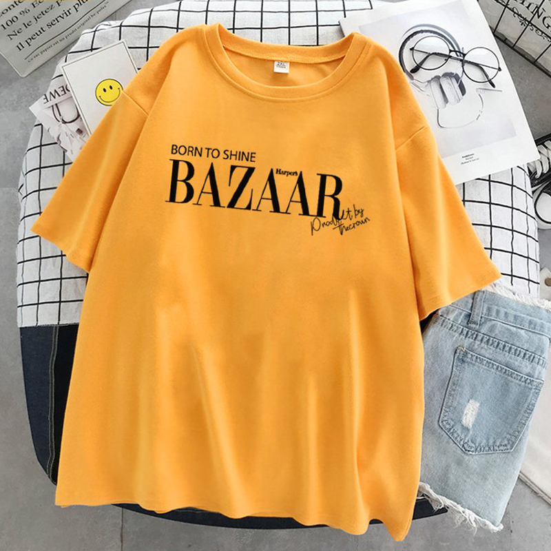 Áo Thun Nữ Màu Xanh In Chữ BORN TO SHINE BAZAAR