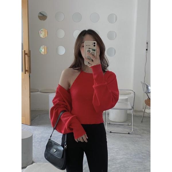 SET áo khoác yếm croptop chất bo gân dày tôn dáng che khuyết điểm bắp tay to vai thô ơi