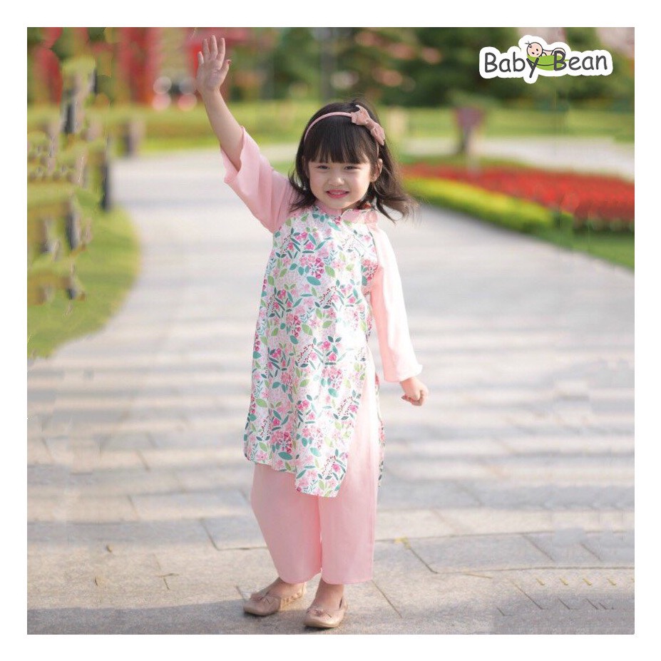 Bộ Áo Dài Truyền Thống vải Chiffon Hoa Bé Gái BabyBean