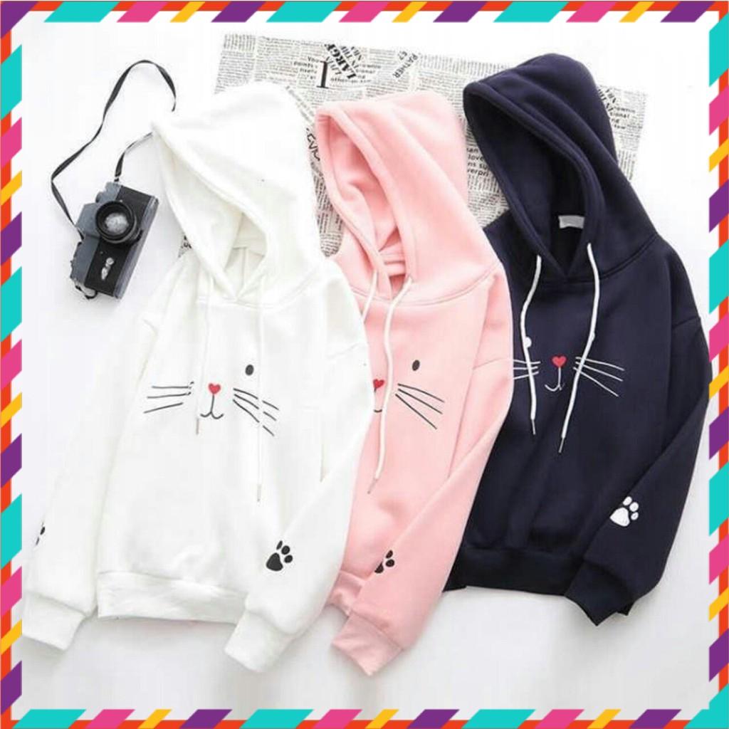 ÁO HOODIE NỮ ️️ áo khoác hoodie ( MẶT MÈO)  VẢI NỈ NHIỀU MÀU IN  AO HOODIE FREE SIZE DƯỚI 60KG dibbycloset