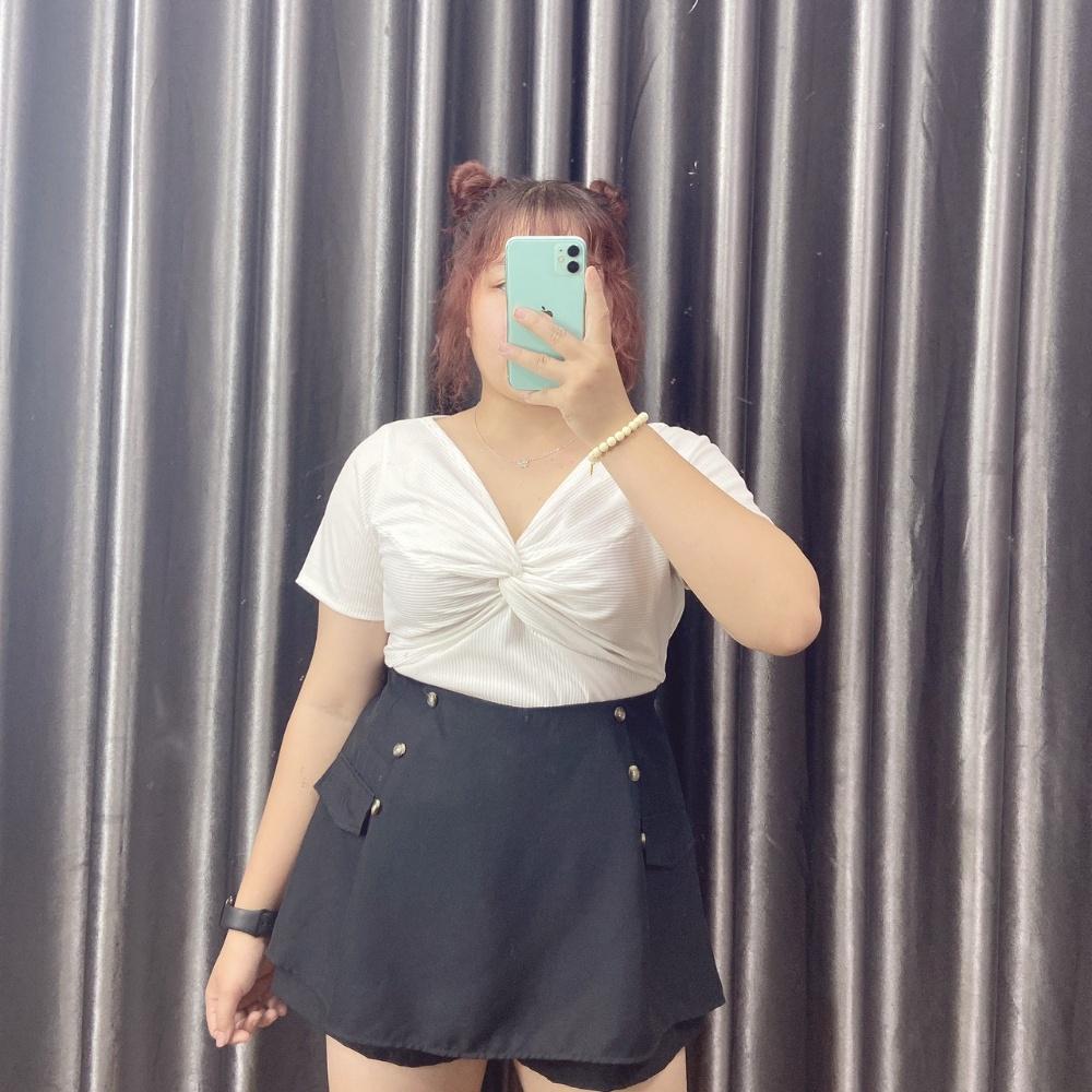 Áo thun bigsize nữ tay nắn kiểu xoắn ngực chất gân tăm co giãn phom rộng 60-92kg G100