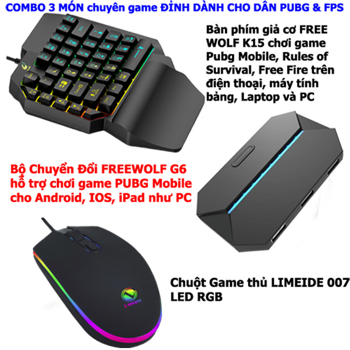 Bộ Bàn phím giả cơ HN K15 và Bộ Chuyển Đổi G6 + Chuột chuyên game 007 hỗ trợ chơi game cho Android, iPhone, iPad cùng với tính năng cho phép kết nối phím chuột