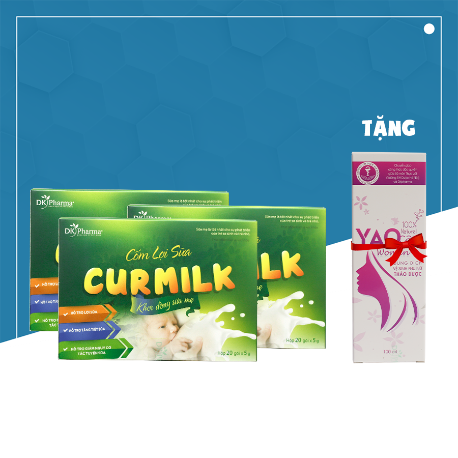 Combo 3 hộp Cốm lợi sữa Curmilk - DK Pharma, tặng 1 chai DDVS cho mẹ Yaocare Women