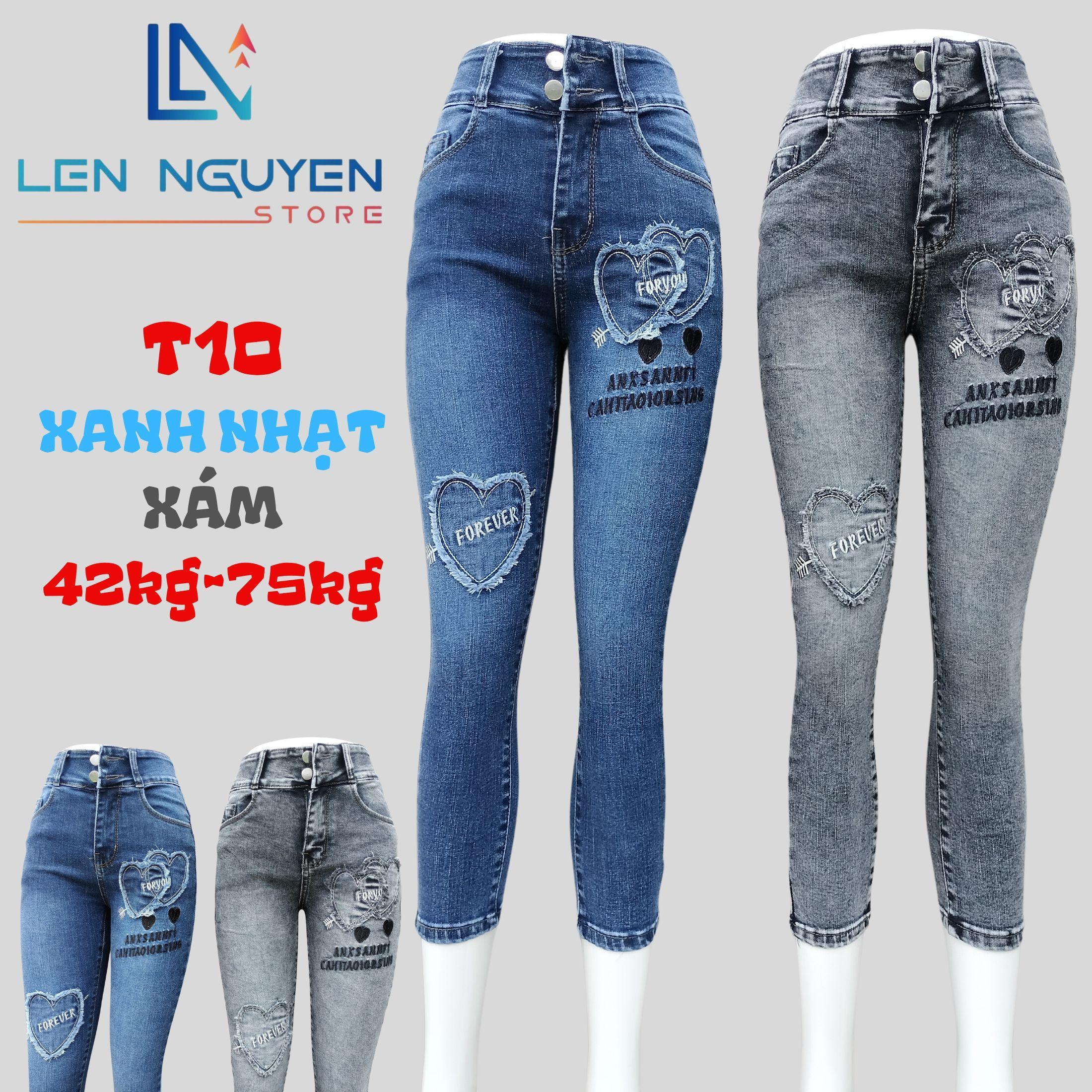 T10_Quần jean nữ, 9 tất, lưng cao, quần bò nữ dáng ôm, quần rin nữ có big size, cho 42kg đến 75kg - Xám