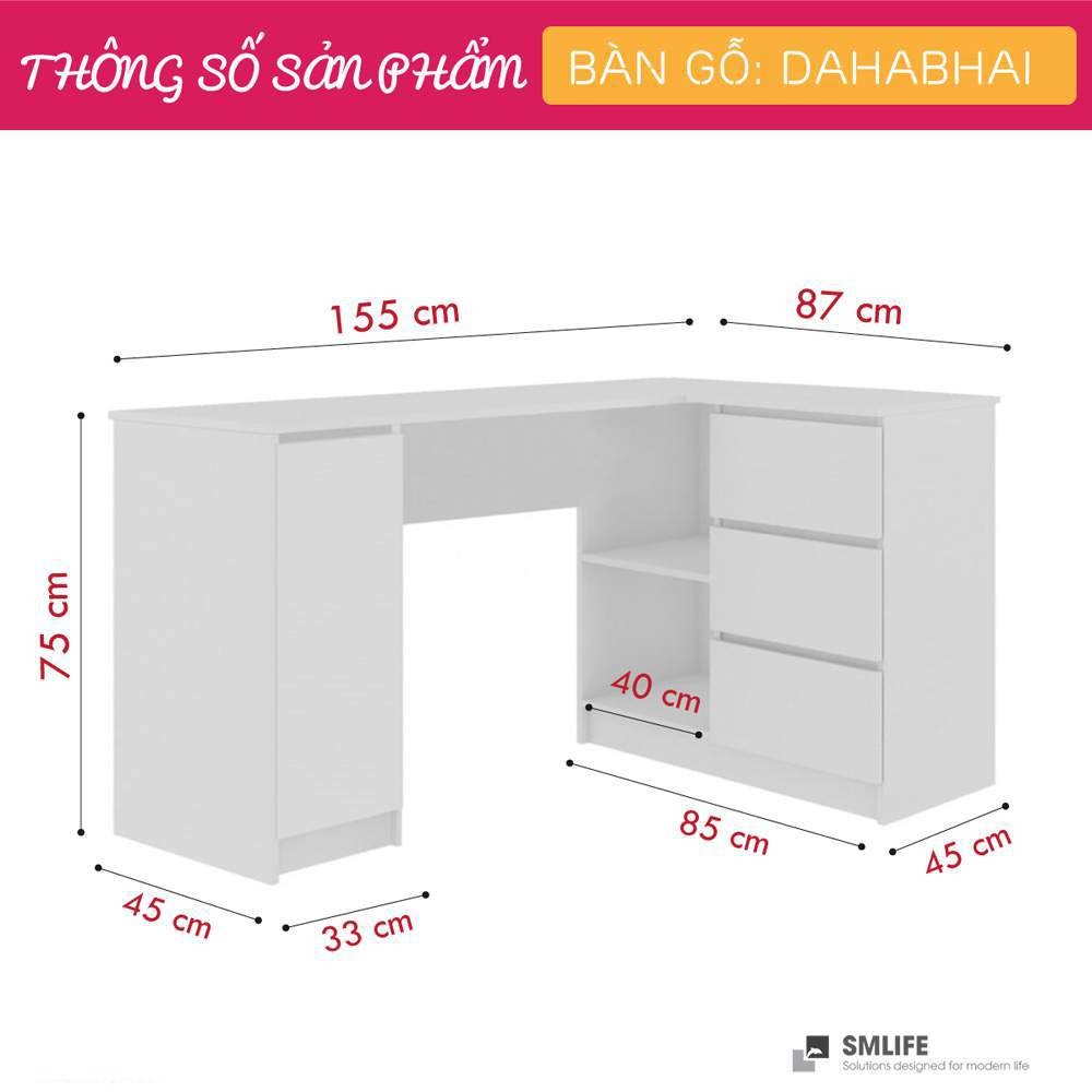 Bàn làm việc, bàn học gỗ hiện đại SMLIFE Dababhai | Gỗ MDF dày 17mm chống ẩm | D155xR85xC75cm