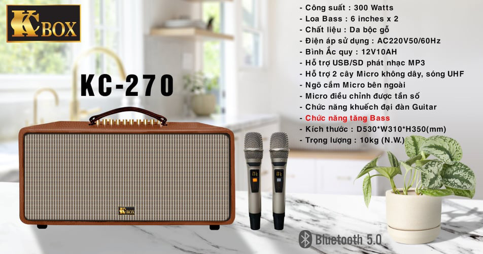 Dàn âm thanh di động KCBox KC-270 - Loa kéo, loa xách tay di động 3 đường tiếng - Hệ thống 2 Loa full 6 inch và 1 treble, 1 mid - Công suất đến 300W - Kết nối bluetooth 5.0, AUX, USB - Kèm 2 micro không dây UHF - Thiết kế cực sang trọng - Hàng nhập khẩu