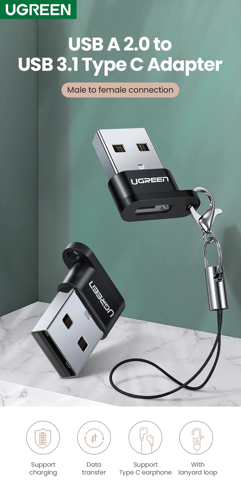 Đầu chuyển USB 2.0 to USB-C Ugreen 50568 hàng chính hãng