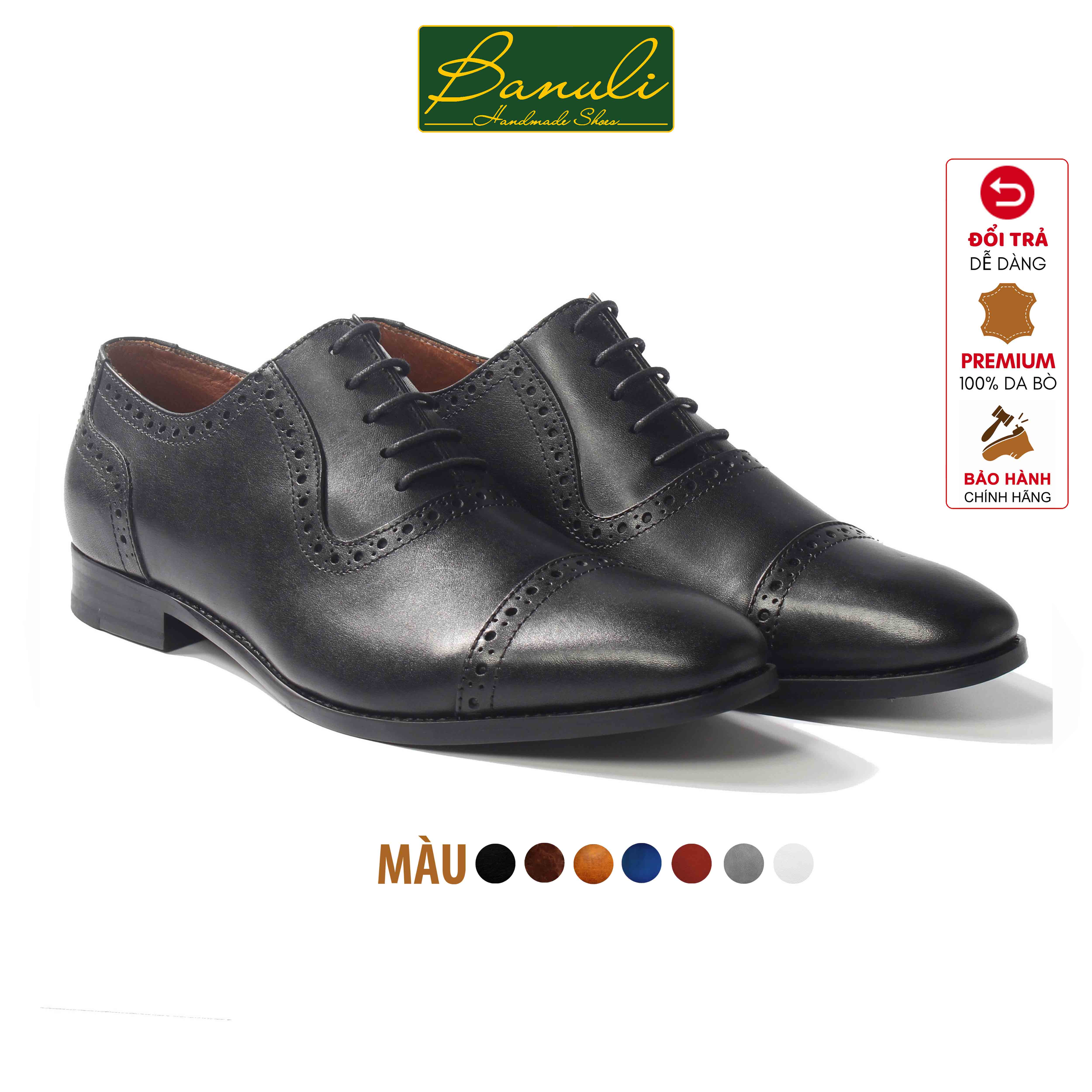 Giày Tây Nam Công Sở Banuli Da Bê Italian Dây Buộc Cap Toe Oxford H1CO3 (Da Veg Itali Mềm Dẻo, Đế Siêu nhẹ, Bảo Hành Trọn Đời)