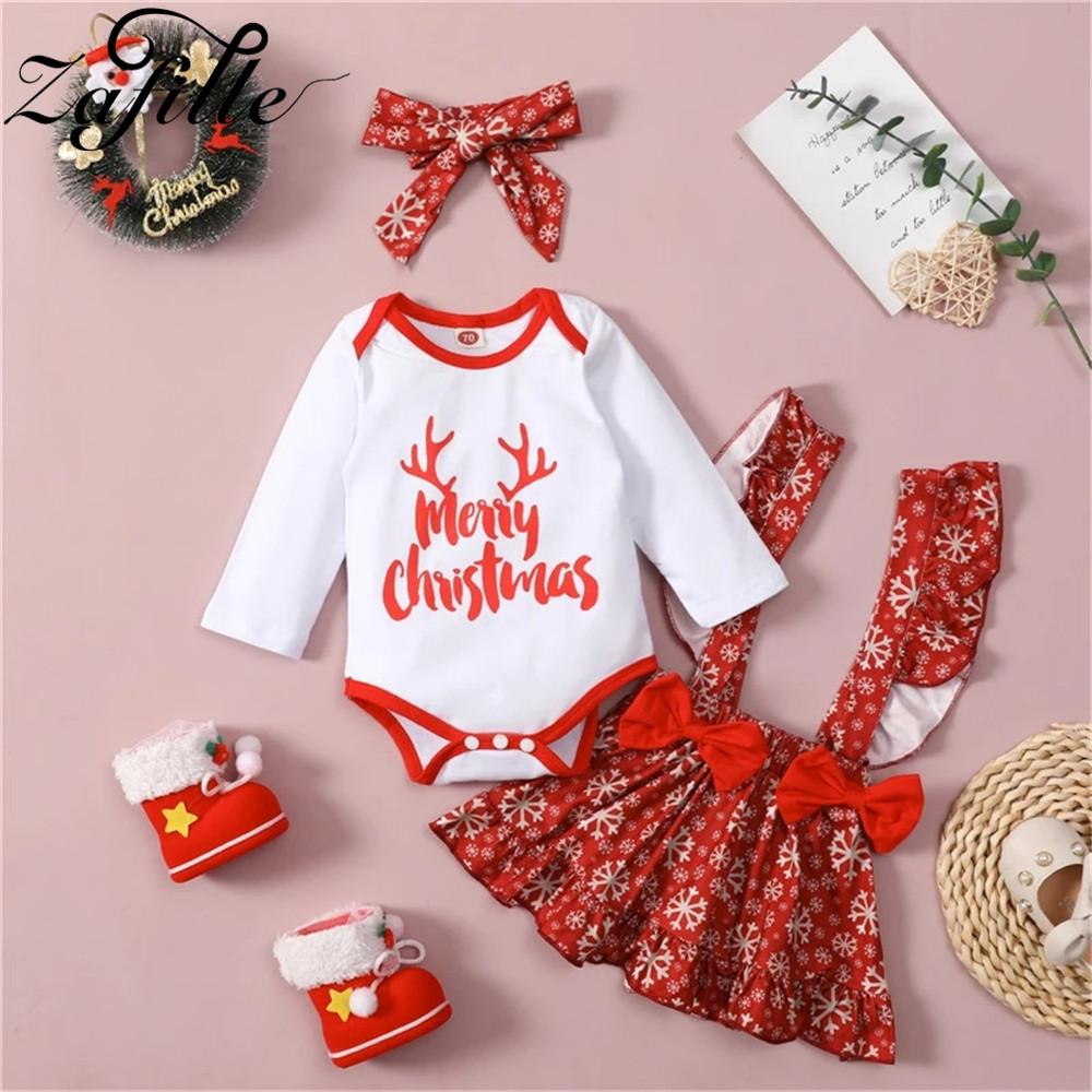 ZAFILLE Bé Gái Giáng Sinh Quần Áo Đỏ Áo Liền Quần Bodysuit + Nơ Kẻ Sọc Váy Của Tôi Mới Đầu Tiên Năm Trang Phục Cho Bé Giáng Sinh Trang Phục