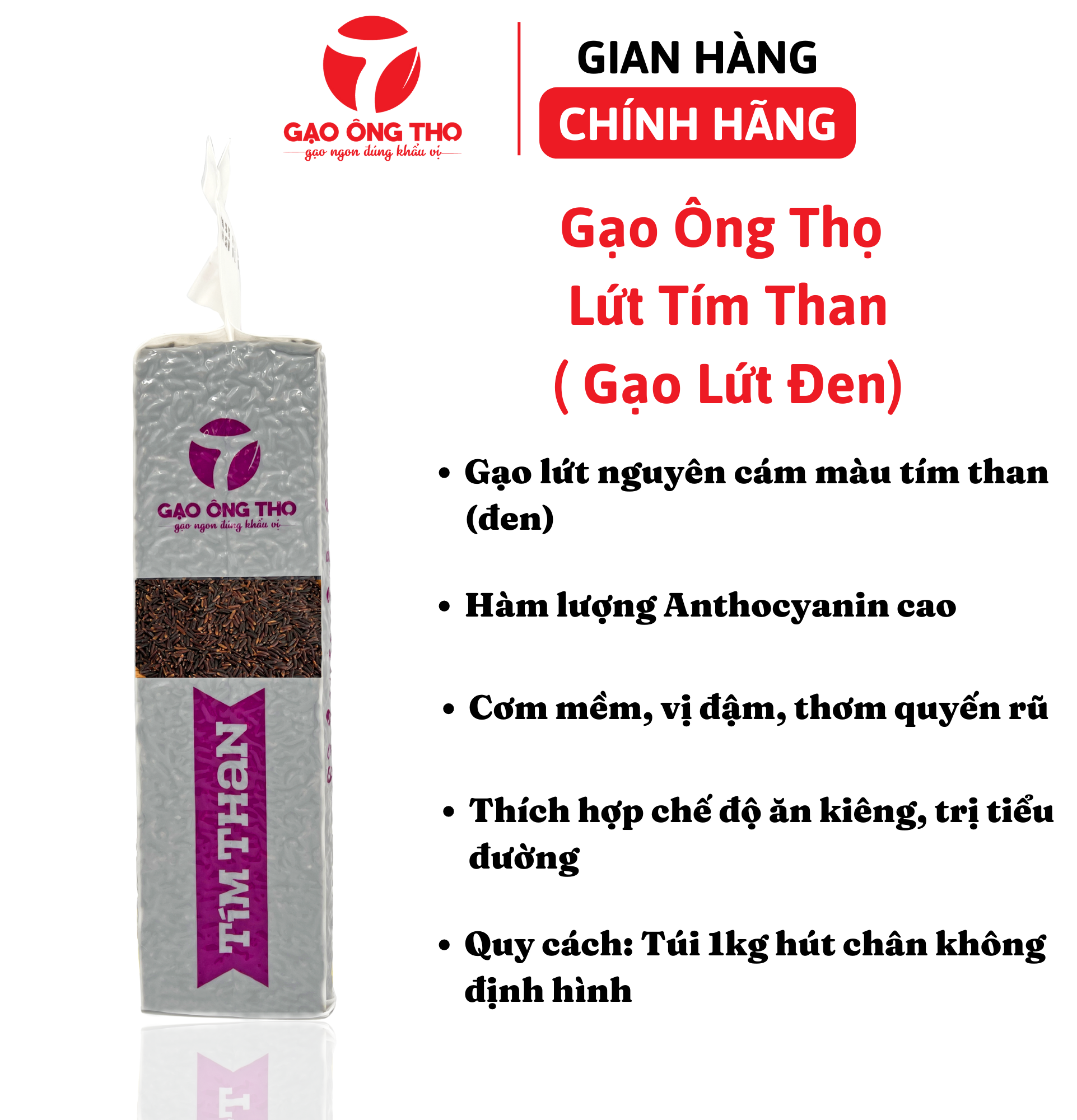 Gạo Ông Thọ - Gạo Lứt Tím Than túi 1kg