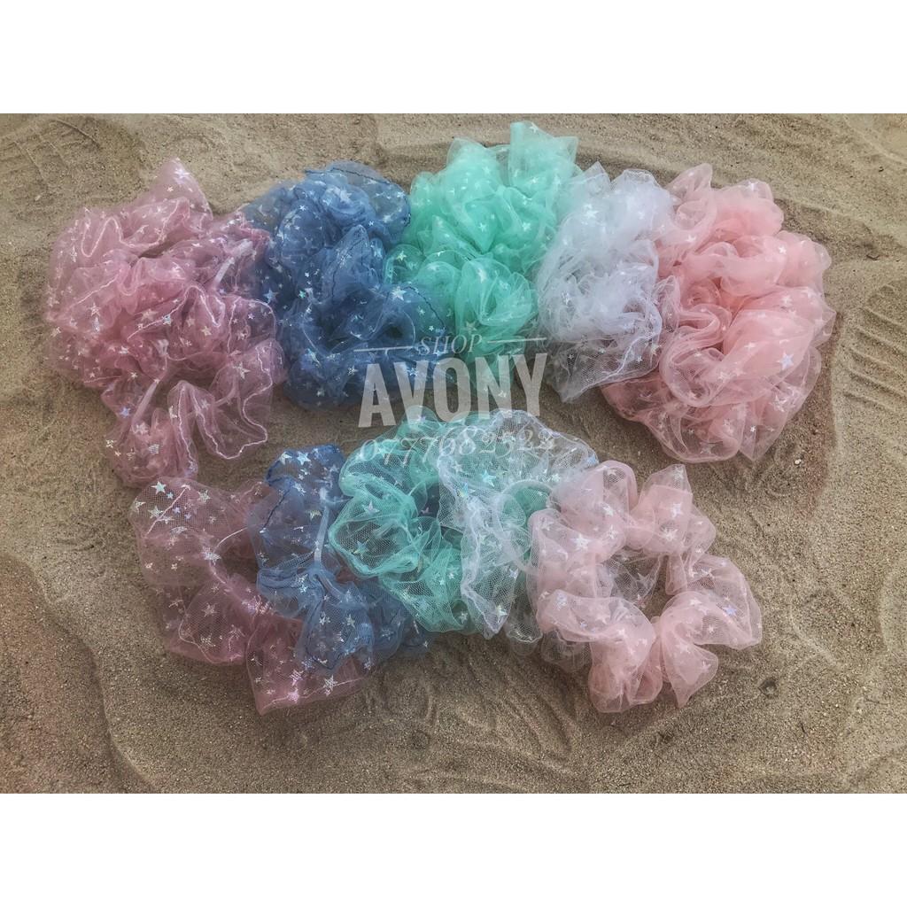 Cột tóc vải scrunchies lưới in sao bạc