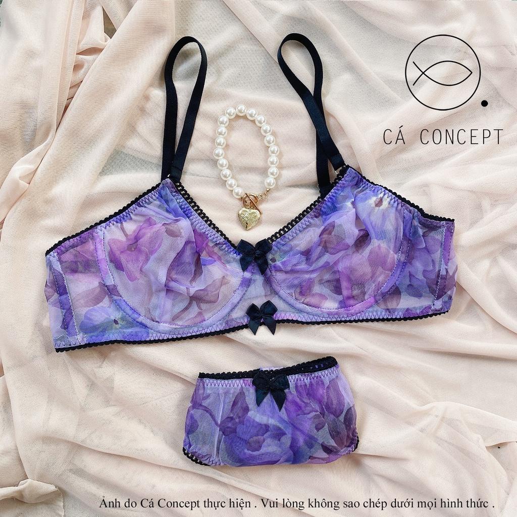 Set bra hoa Tím Lolita nữ CÁ CONCEPT đồ lót thiết kế bra có gọng không mút hoa nhí