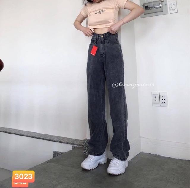 QUẦN JEANS ỐNG RỘNG CẠP CAO DÁNG DÀI CHẤM GÓT- ảnh thật shop chụp