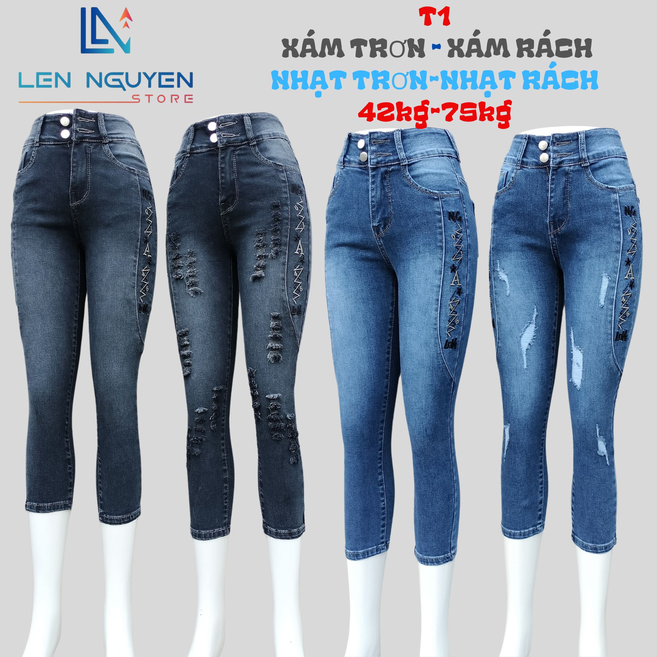 T1_Quần jean nữ, 9 tất, lưng cao, quần bò nữ dáng ôm, quần rin nữ có big size, cho 42kg đến 75kg,LEN - Rách Xám Tây