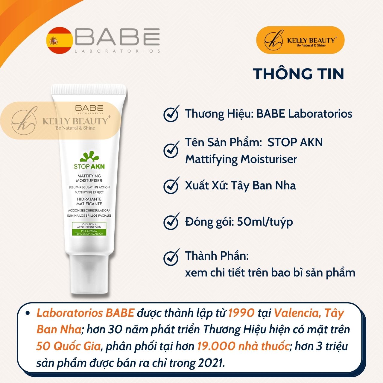 Kem Dưỡng Kiềm Dầu Ngừa Mụn BABE Stop AKN Mattifying Moisturiser - Kelly Beauty