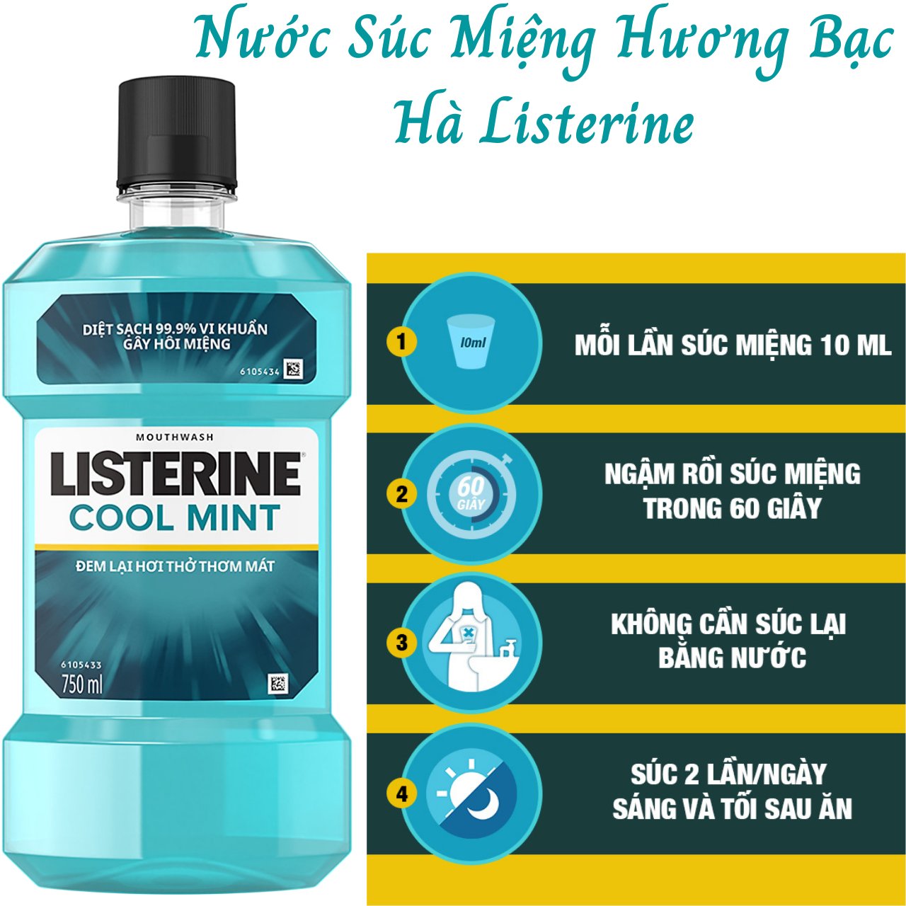 Combo 2 Nước Súc Miệng Hương Bạc Hà Listerine Cool Mint (750ml/Chai)