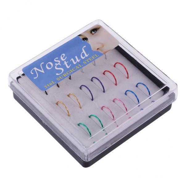 3-4pack 18pcs Mixed Color 316L Stainless Steel Nose Studs Hoops Piercing Rings