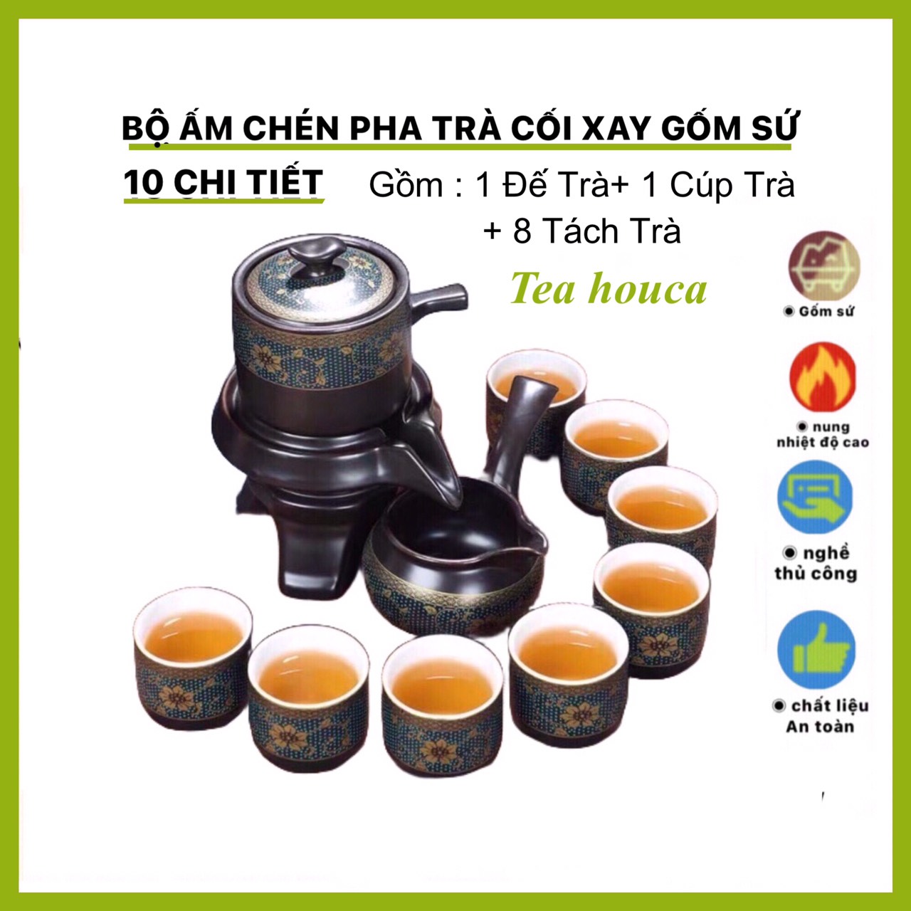 Bộ ấm chén pha trà đẹp Cối xay gốm sứ cao cấp,Bộ chén uống trà đạo 18 chi tiết hoa cẩm xanh lòng chén trắng 