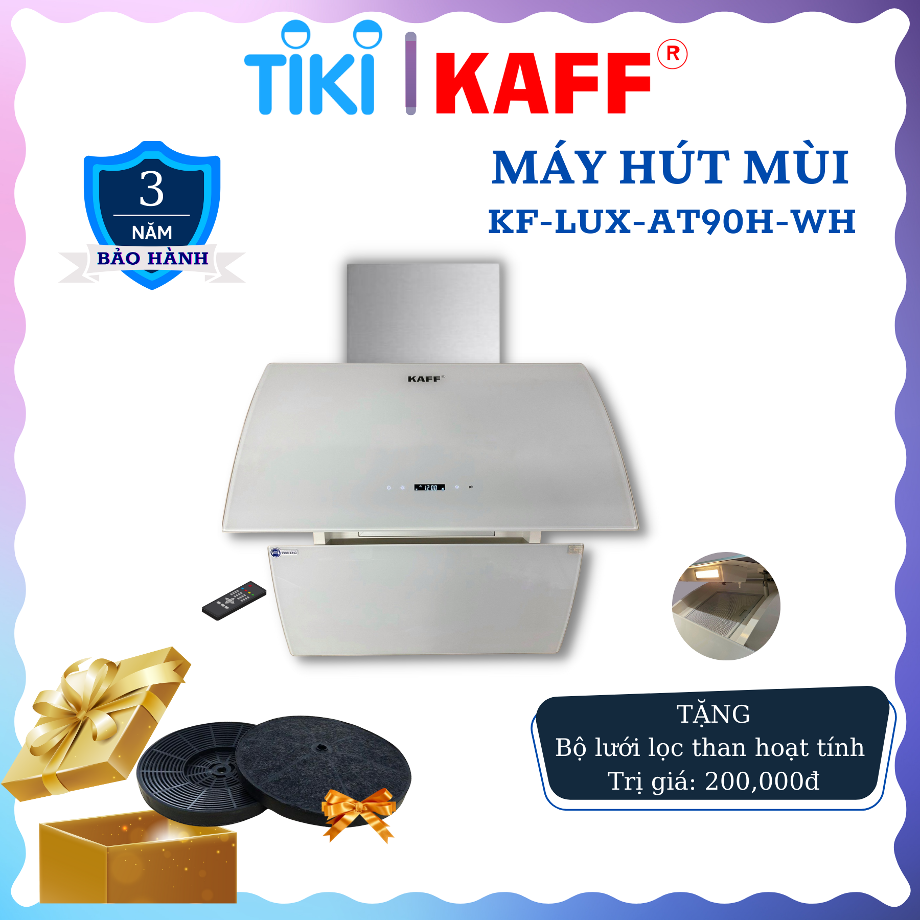 Máy hút mùi kính vát cong dạng TV cảm ứng _ điều khiển từ xa 900mm KAFF KF_LUX_AT90H_WH Tặng bộ lọc than thay thế _ Hàng Chính Hãng