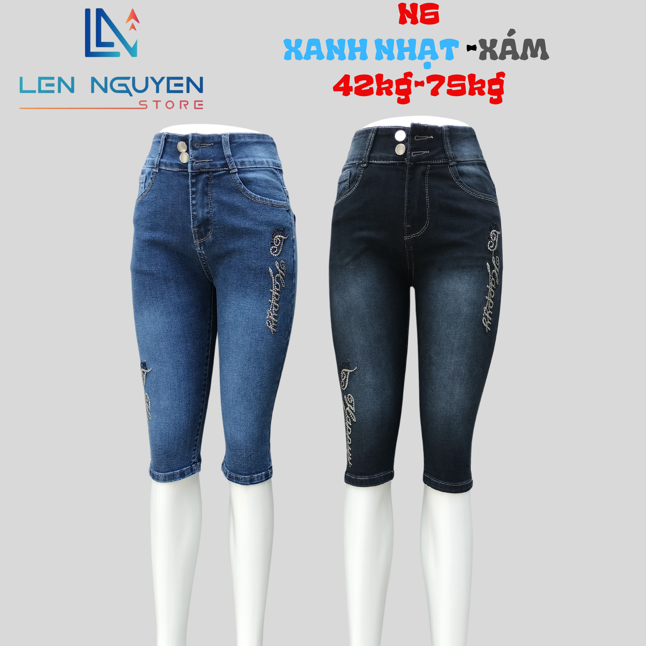 N6_7 tất thêu ép đá 27-35 xám và xanh nhạt, Quần bò Nữ Lưng Cao Size 27-35 Cho 43KG- 76KG Pants Women